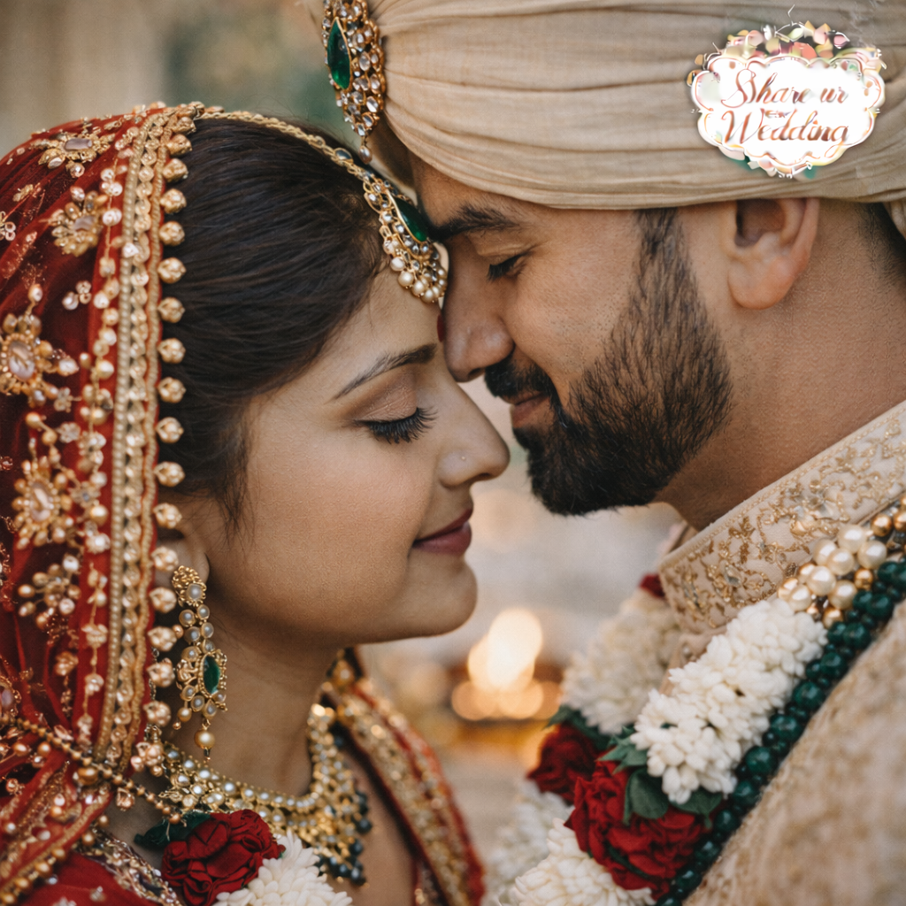 Indian wedding romantic nose to nose close-up of bride and groom intimate couple portrait