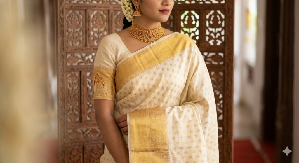 Standing bride wearing a creamy off-white Kanchipuram silk saree with intricate pure gold 'Mallinaboo' (jasmine bud) motifs.