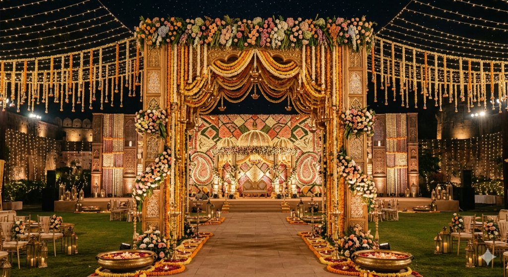 A wide-angle evening photograph capturing a magnificent and intricately decorated wedding stage (mandap) in an outdoor Indian venue. The stage features a colossal archway and a sprawling backdrop entirely covered in detailed floral patterns using thousands of marigolds, roses, jasmine, and other blooms. Hundreds of warm string lights, hanging floral garlands, traditional brass lamps (diyas), and lanterns create a sparkling, magical glow. The pathway is lined with decorative vessels and candles, leading to the elaborate main stage under a canopy of fairy lights and starry sky.