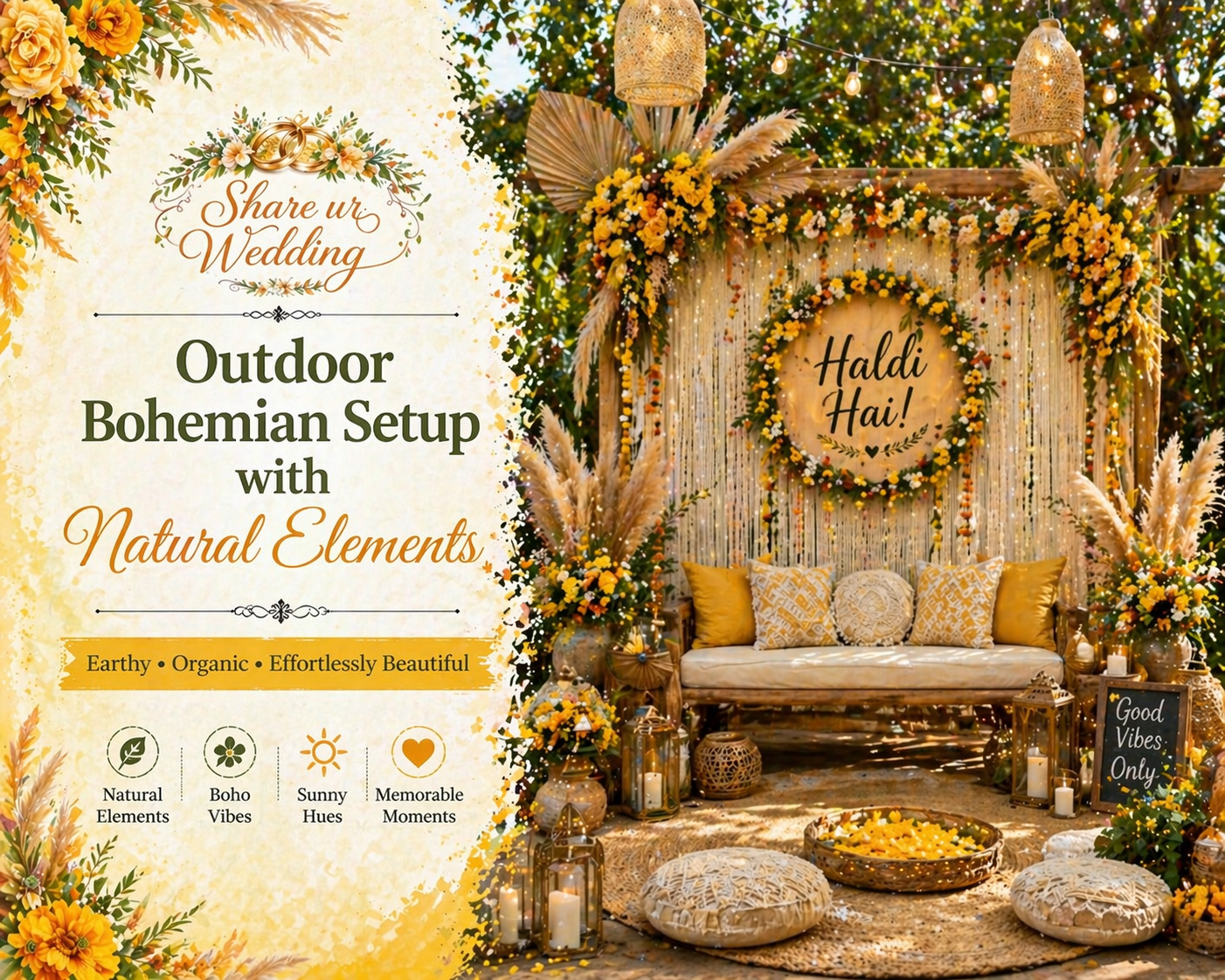 Outdoor bohemian Haldi setup with natural elements, pampas grass, floral decor, and rustic seating