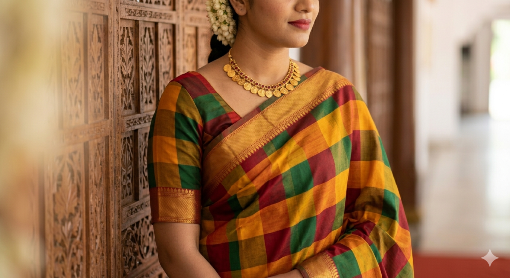 Standing bride wearing a traditional multi-colored (red, green, yellow) checkered Kanchipuram silk saree with a vintage gold border.