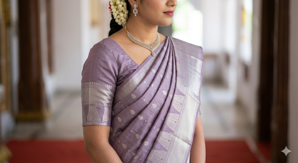 A soft portrait of a bride in a dusty lavender Kanchipuram silk saree with silver (Chandi) zari weaving and pearl (Muthu) motifs.