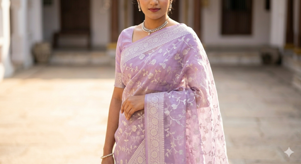 Standing bride wearing a sheer, iridescent Banarasi Kora Organza saree in soft lavender, with delicate silver (Chandi) zari floral jaal weaving.
