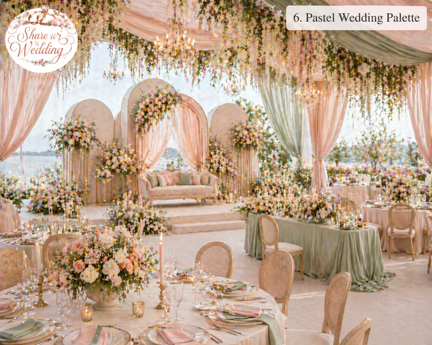 pastel wedding color palette with soft pink, peach, mint, and lavender decor for elegant Indian wedding 2026