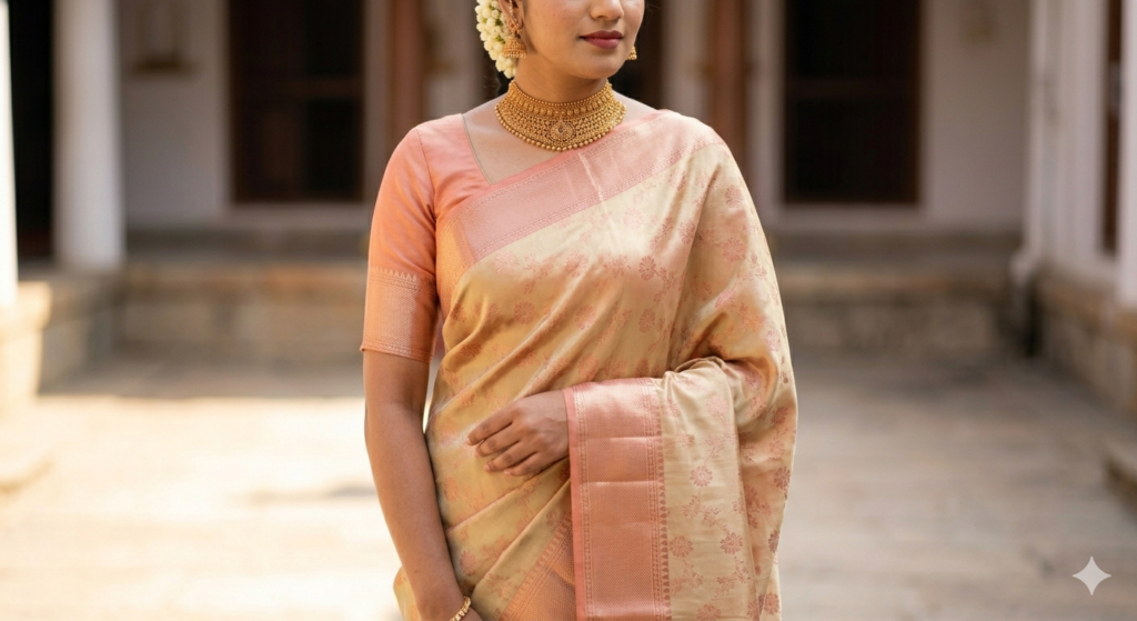 Standing bride wearing a fluid dual-tone peach and gold Banarasi Satin silk saree with fine rose gold zari floral buttis and a geometric border.