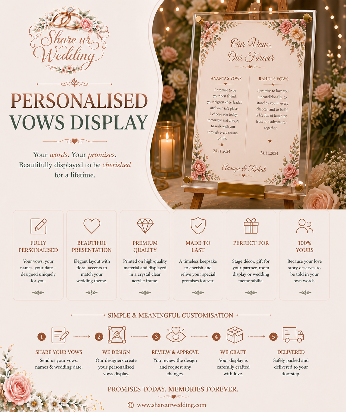 Wedding personalised vows display board with elegant calligraphy and romantic decor for an Indian wedding setup