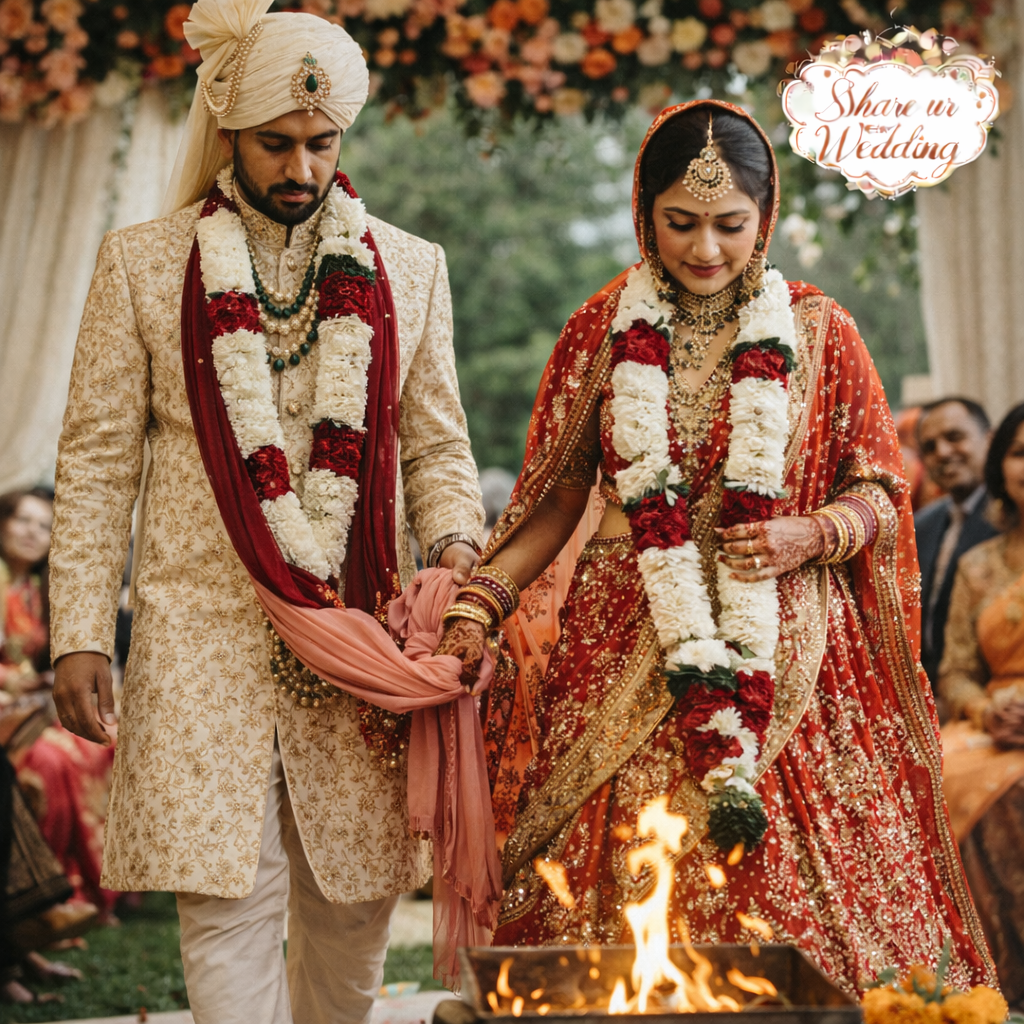 Indian wedding phera ceremony walking shot with bride and groom around sacred fire traditional Hindu wedding ritual