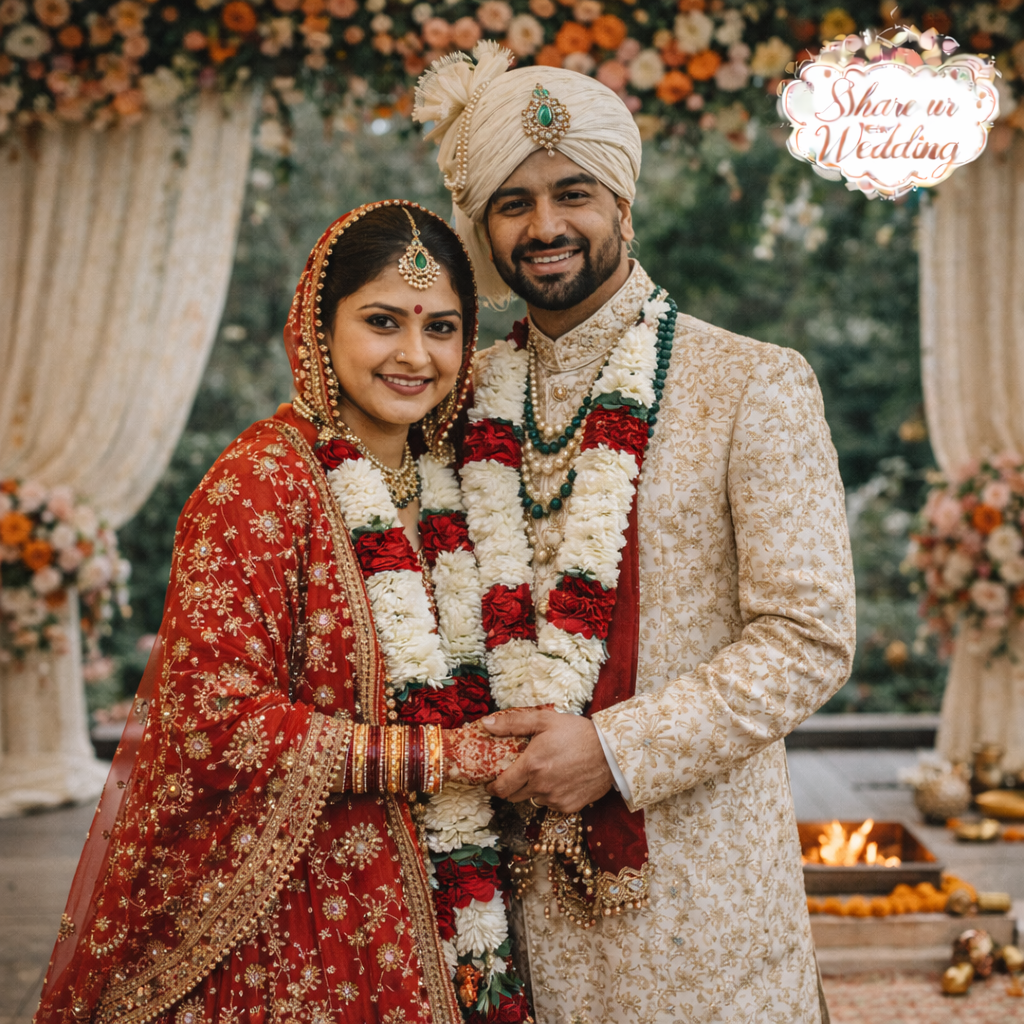 Indian wedding couple portrait at mandap after ceremony with bride and groom in traditional attire