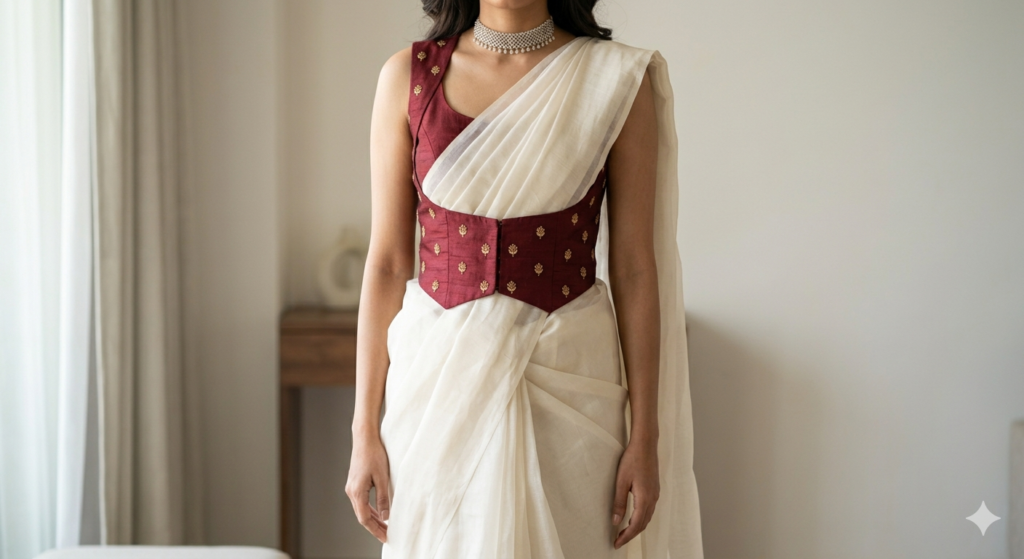 Standing bride wearing a structured, pre-draped off-white organza saree with an integrated deep maroon raw silk waistcoat cincher in a sunlit modern apartment.