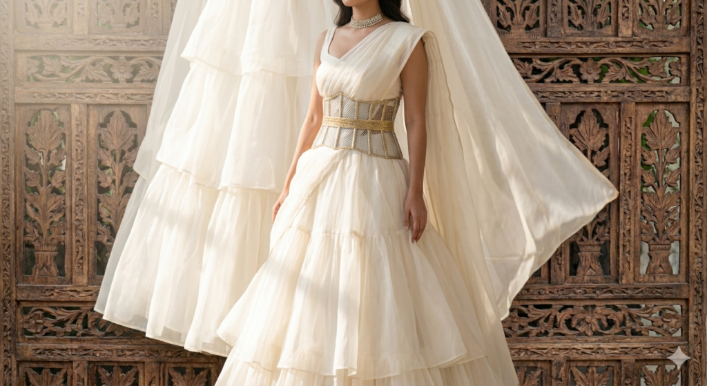 Standing modern bride wearing an off-white organza tiered lehenga-saree hybrid with a pre-draped structural cape pallu and an architectural gold wire mesh cincher, bathed in bright natural daylight.
