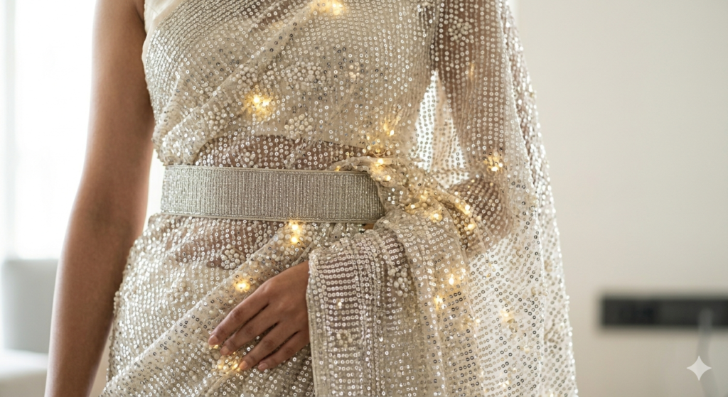 Standing high-fashion bride in an asymmetric sheer off-white organza saree drape with dense silver jaal embroidery, secured by a unique solid metallic polished rose-gold plated armor plating structural corset with diamond cluster accents.