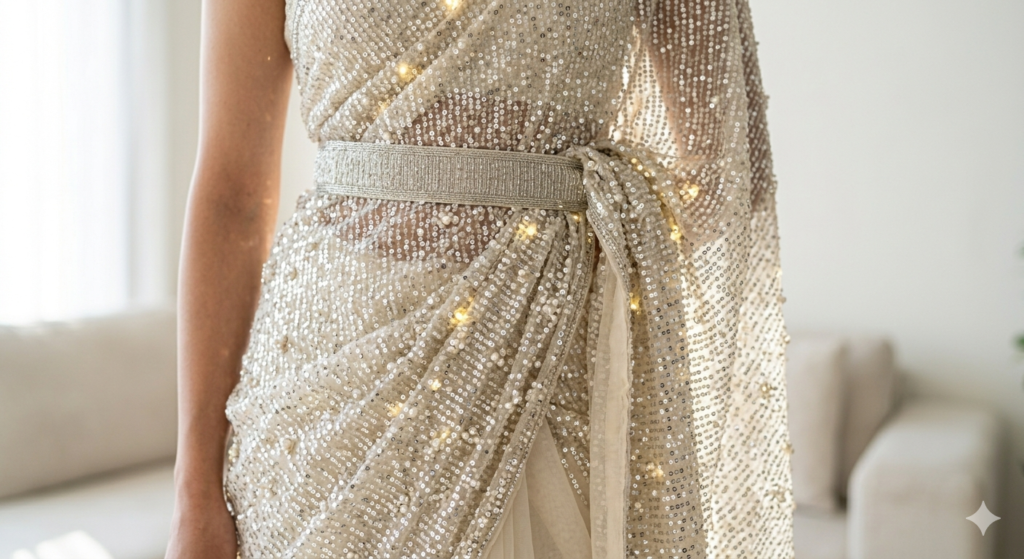 Standing modern bride in an off-white organza saree completely sheeted in dense silver micro-sequins and small integrated LED fairy lights creating an incandescent glow, with the original structural silver thread waist cincher, bathed in natural daylight.