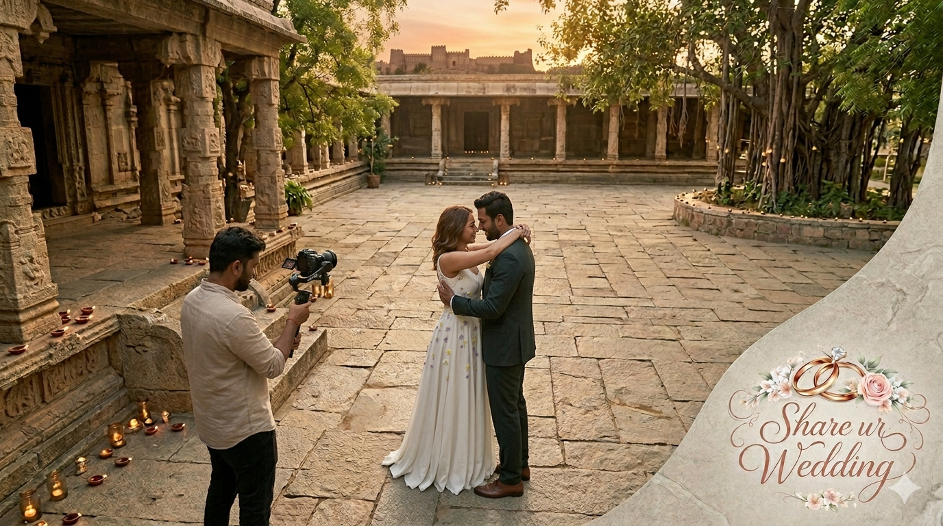 An intimate Chittoor heritage stone courtyard at sunset during a completely private, emotional first look moment between a bride and groom, captured non-intrusively by a cinematographer with a compact gimbal.