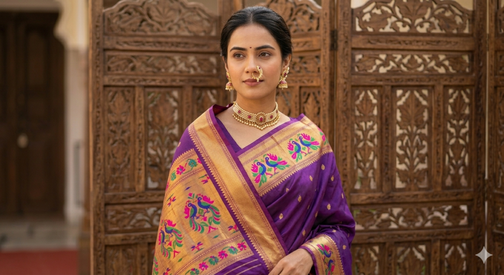 Standing bride wearing an authentic purple Paithani silk saree from Maharashtra, with multi-colored peacock (Mor) motifs woven within a gold zari pallu and traditional borders.