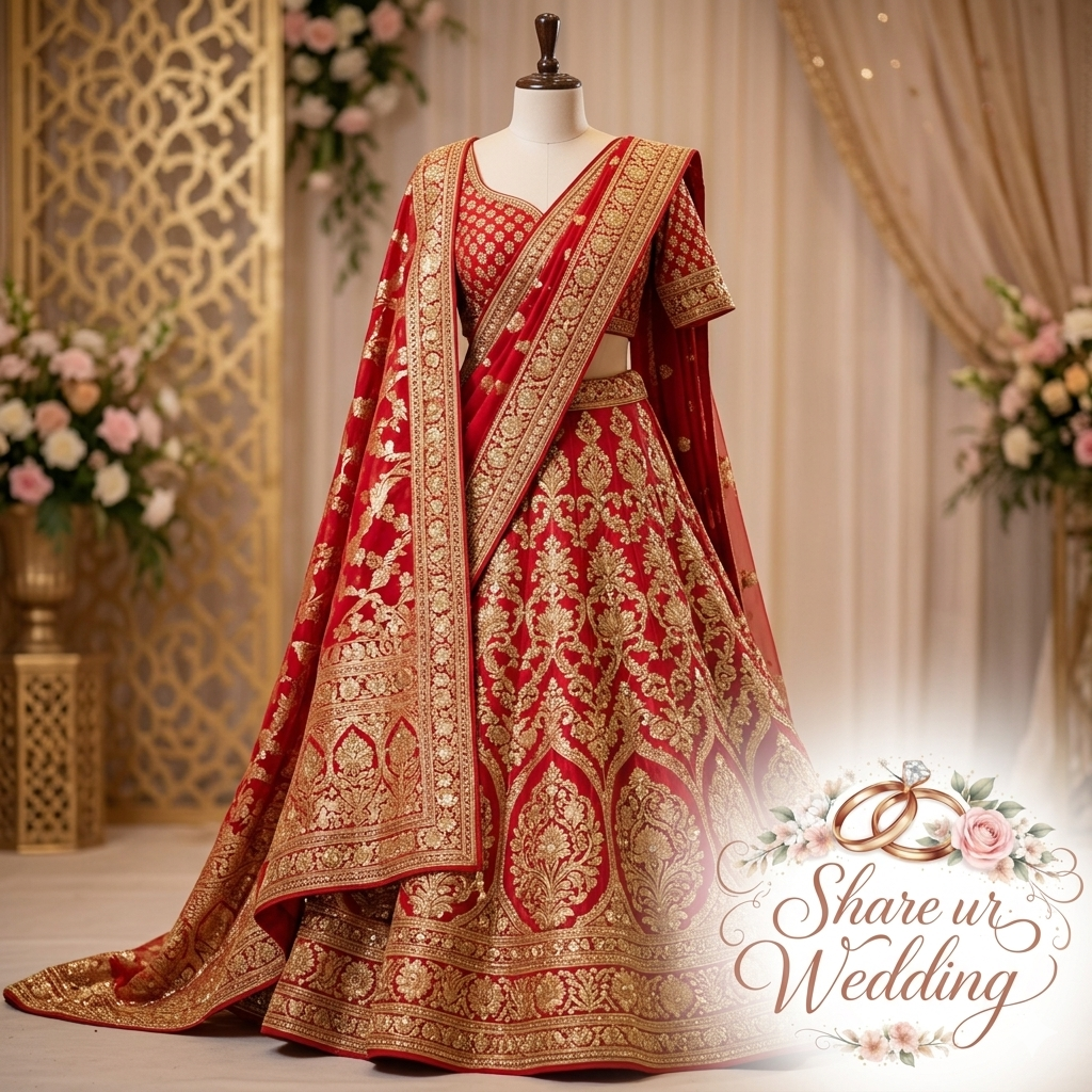 Elegant red Banarasi silk bridal lehenga on a mannequin featuring intricate gold zari floral patterns and a matching dupatta with the Share ur Wedding logo in the corner.