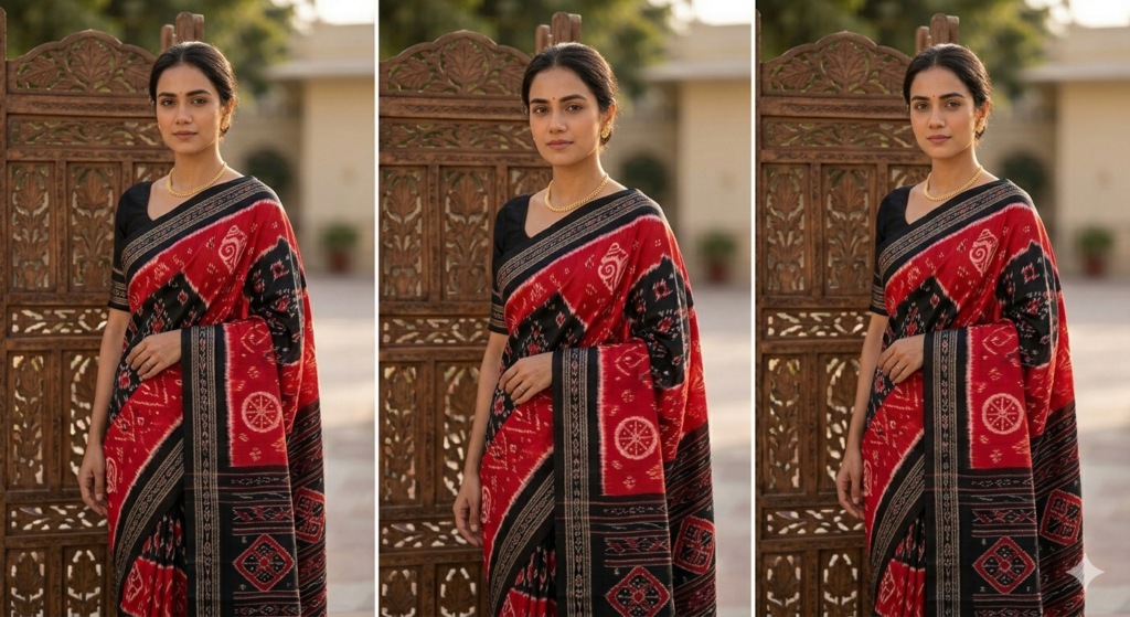 Standing bride wearing an authentic red and black Sambalpuri silk saree from Odisha, featuring traditional geometric and Baandha (tie-dye) Shell and Chakra motifs.