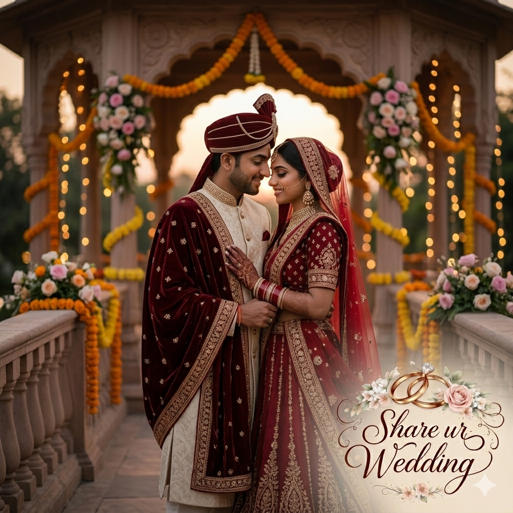 A romantic close-up of an Indian couple at a wedding venue. The groom, in a cream sherwani and maroon velvet shawl, is partially wrapped in the bride’s sheer red dupatta. They are standing close with their foreheads touching, eyes closed, and smiling gently. The background features a beautifully decorated stone gazebo with marigold garlands and soft bokeh lights. The 'Share ur Wedding' logo is in the bottom-right corner.