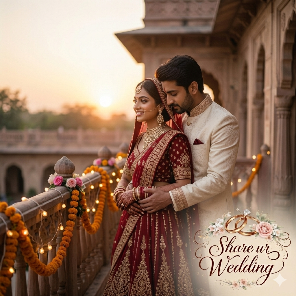 A tender, softly-focused photograph of an Indian bride and groom, identical to the couple in image_1.png and image_3.png, standing on a stone palace balcony at dusk. The groom, in a cream sherwani, stands behind the bride and embraces her gently around the waist. The bride, in a detailed red lehenga, looks towards the setting sun with a blissful smile. She is framed by marigold garlands and soft bokeh lights. In the bottom-right corner, the 'Share ur Wedding' logo is integrated.