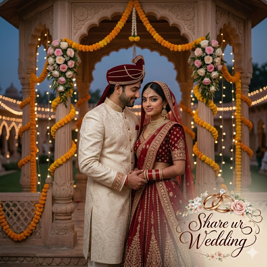 A softly-focused, romantic photograph capturing an Indian bride and groom, identical to the couple in image_1.png and image_3.png, standing closely together in a traditional stone mandap pavilion at dusk. The groom, wearing his detailed cream sherwani and maroon pagri, is turned slightly and looking down at the bride with a powerful, tender, and loving expression. The bride, in her stunning rich red lehenga and detailed jewelry, is looking towards the viewer, her head turned slightly towards him with a soft, graceful, and serene smile. They are bathed in warm light from hidden fairy lights and marigold garlands with pink rose petals, matching image_0.png. His hand is gently resting on her waist, and her hand is gently holding his. In the bottom-right corner, the 'Share ur Wedding' logo is integrated.
