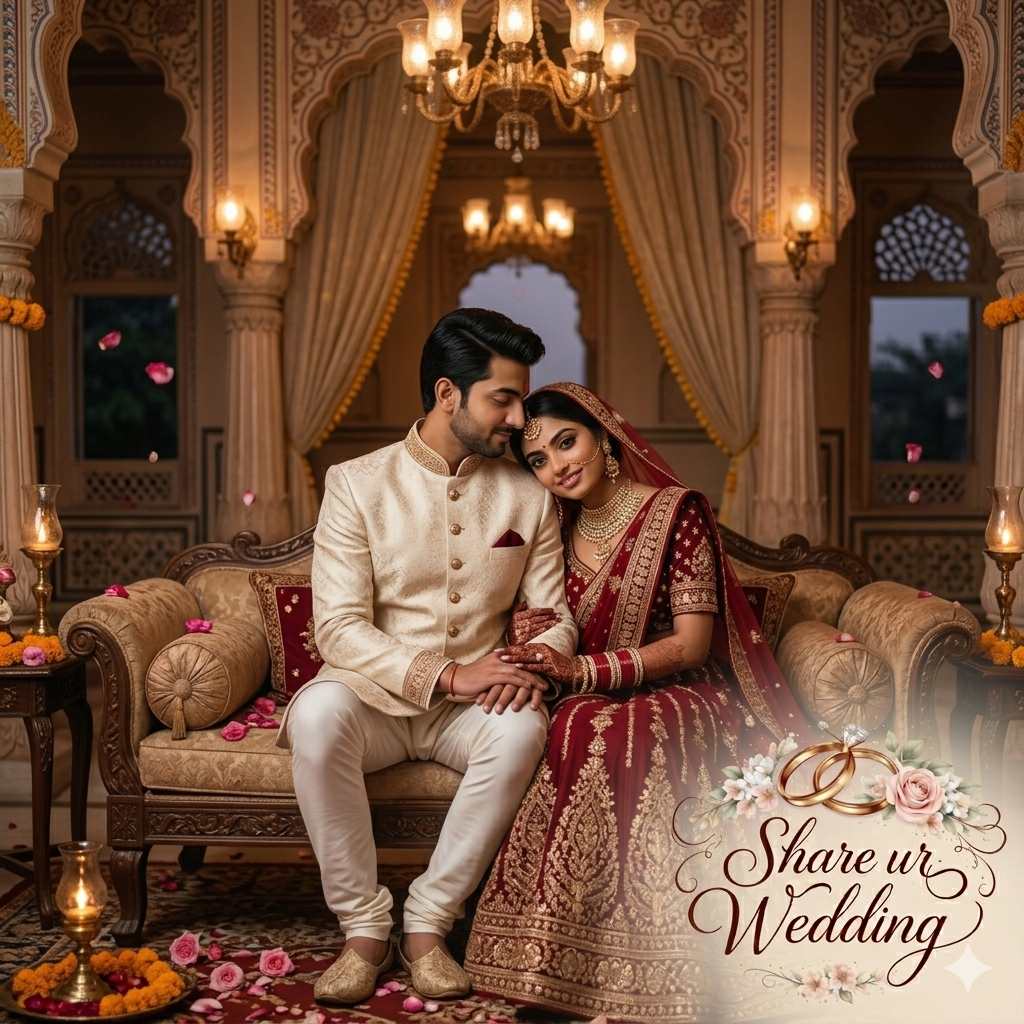 A softly-focused, romantic photograph capturing an Indian bride and groom, identical to the couple in image_1.png and image_3.png, sitting closely together on a richly upholstered traditional dewan sofa in an ornate palace chamber at dusk. The groom, in a cream sherwani, has one arm gently around the bride. The bride, in a detailed red lehenga, leans her head softly on his shoulder, both smiling blissfully. They are framed by patterned palace architecture, chandeliers, oil lamps, and marigold garlands with pink rose petals, matching image_0.png. In the bottom-right corner, the 'Share ur Wedding' logo is integrated.