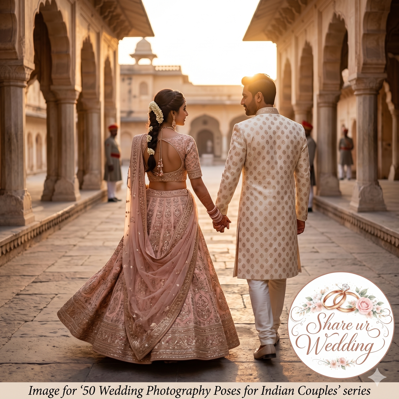 A romantic back-profile shot of an Indian bride in a pastel pink lehenga and groom in a cream sherwani, walking away hand-in-hand down a grand palace corridor while looking at each other during sunset.