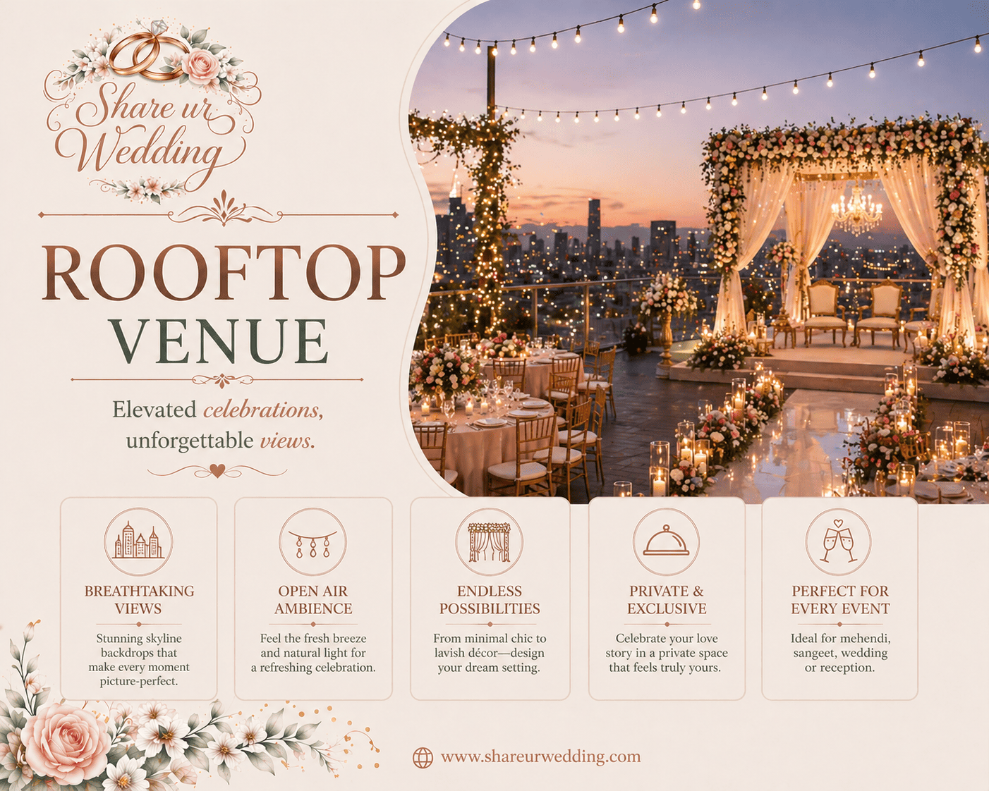 Elegant rooftop wedding venue with city skyline view, stylish decor, and ambient lighting for a modern Indian wedding