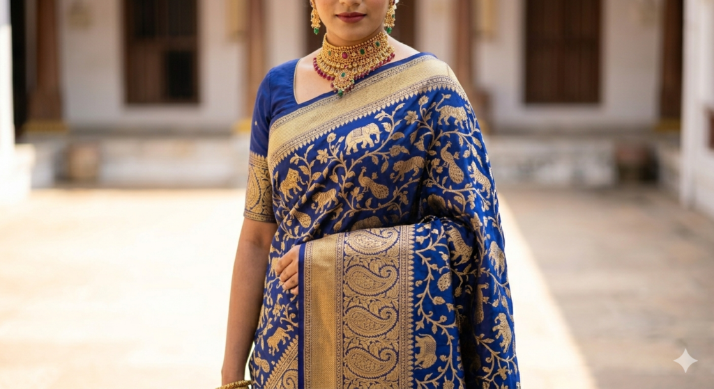 A close-up portrait of a bride wearing a deep royal blue Banarasi Katan silk saree with an all-over heavy gold zari Shikargah (hunting scene) motif.