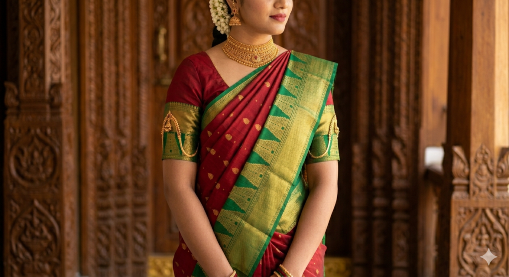Close-up of a deep red Kanchipuram silk saree featuring traditional gold zari temple motifs (Gopuram) on a Korvai border.