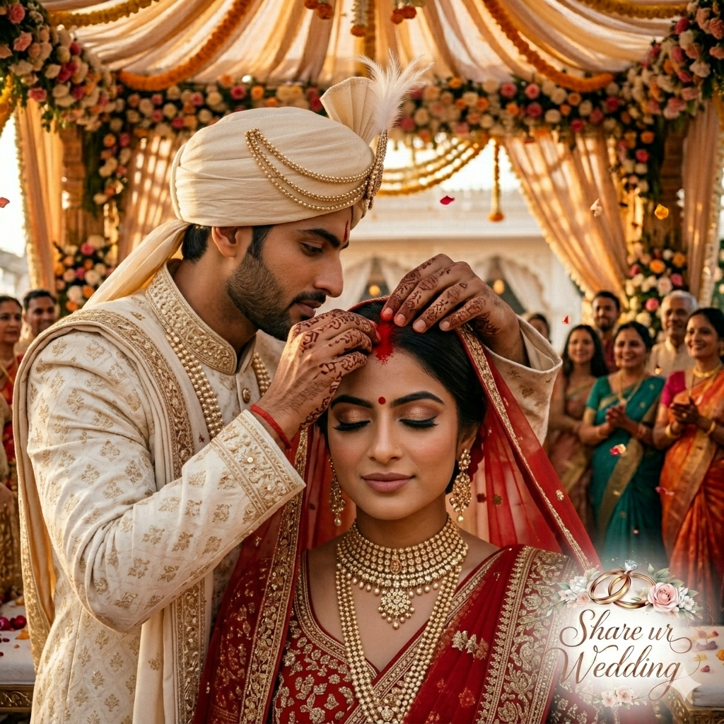 A close-up cinematic shot of an Indian groom applying red sindoor to the bride’s forehead under a floral mandap. The bride has her eyes closed in a serene expression, wearing a traditional red lehenga and heavy gold jewelry.