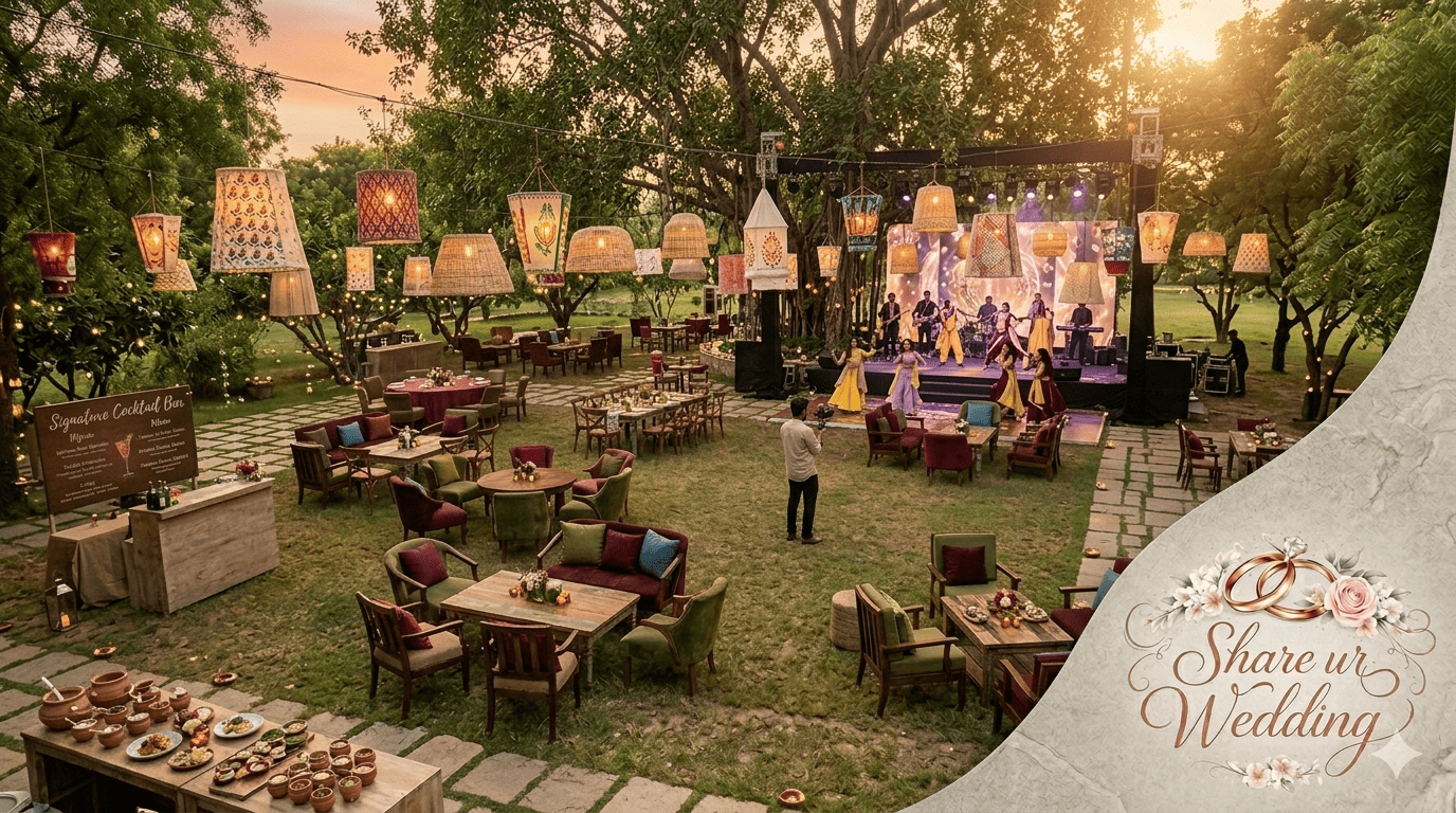 An intimate Chittoor garden Sangeet night at sunset with custom move-set 'artistic lighting' installations on a stage integrated into a banyan tree, live performances, and low-energy ambient lighting.