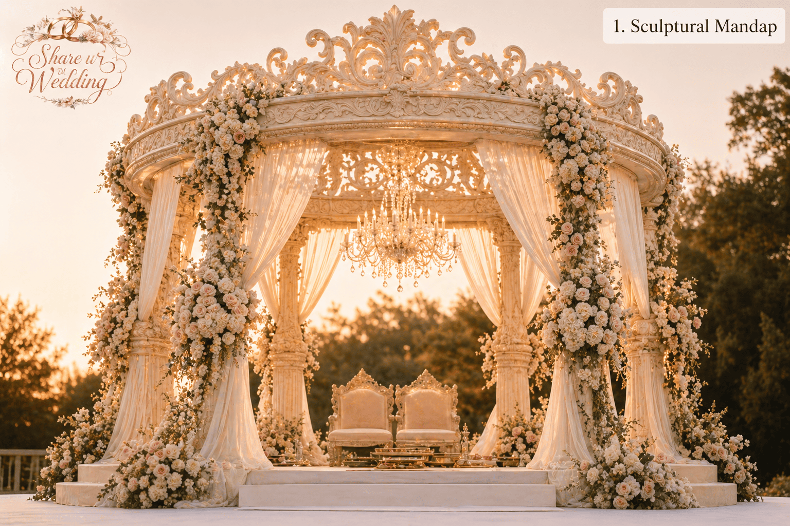 Rococo-inspired sculptural mandap with intricate floral carvings, pastel drapery, and luxurious wedding decor setup for an elegant Indian wedding 2026