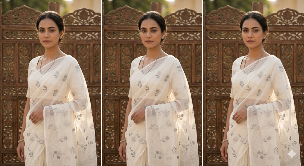 Standing bride wearing an authentic ultra-fine off-white muslin Jamdani saree with delicate gray and silver thread floral and leaf motifs hand-woven directly into the fabric.