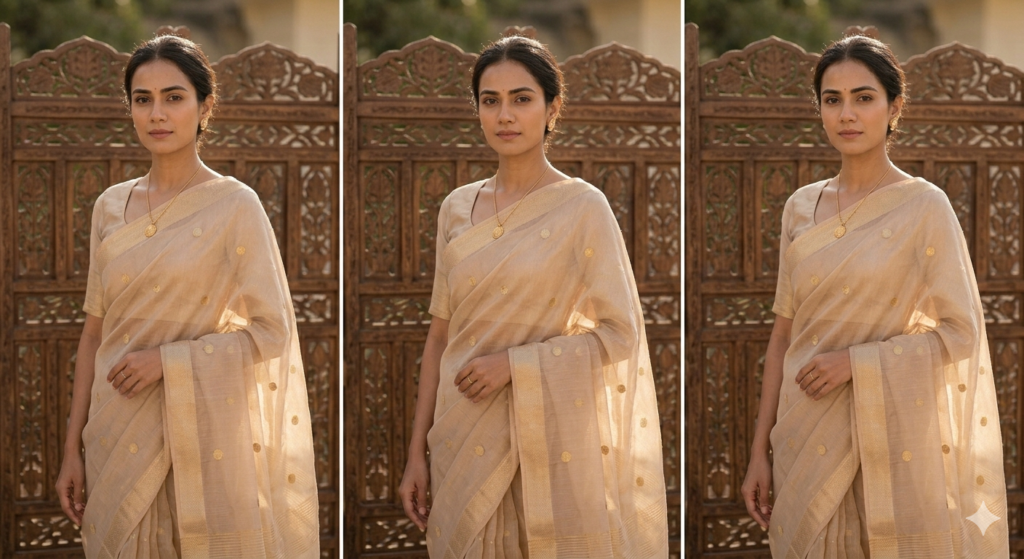 Standing bride wearing an authentic sheer and shimmering soft beige Chanderi silk-cotton blend saree with delicate scattered gold coin (Ashrafi) buttis and traditional borders.