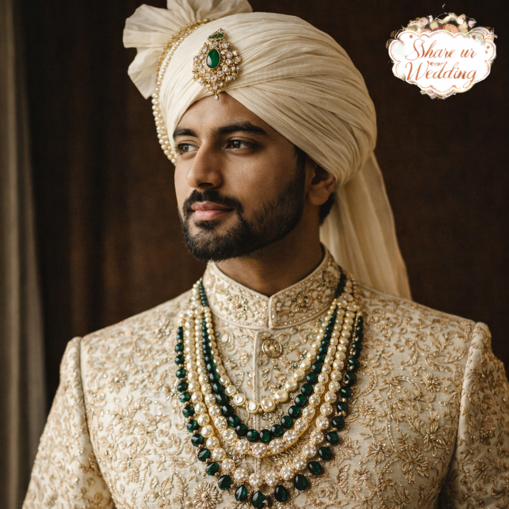 Indian groom sherwani detail portrait with embroidered outfit, turban, and traditional wedding jewellery