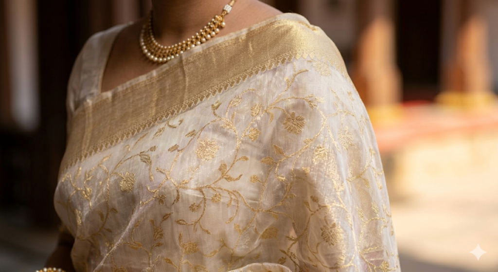 A bride standing, wearing an incandescent ivory and gold tissue silk Banarasi saree, shimmering with metallic gold thread and a delicate scalloped border.