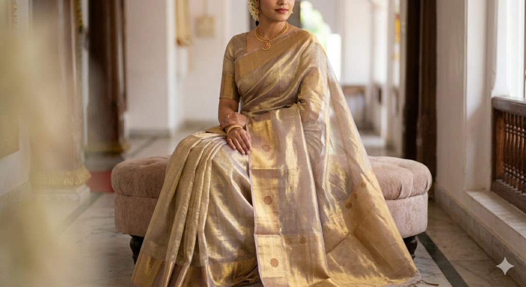 A bride seated, wearing a reflective Kanchipuram tissue silk saree interwoven with pure gold threads, creating a full metallic glow.