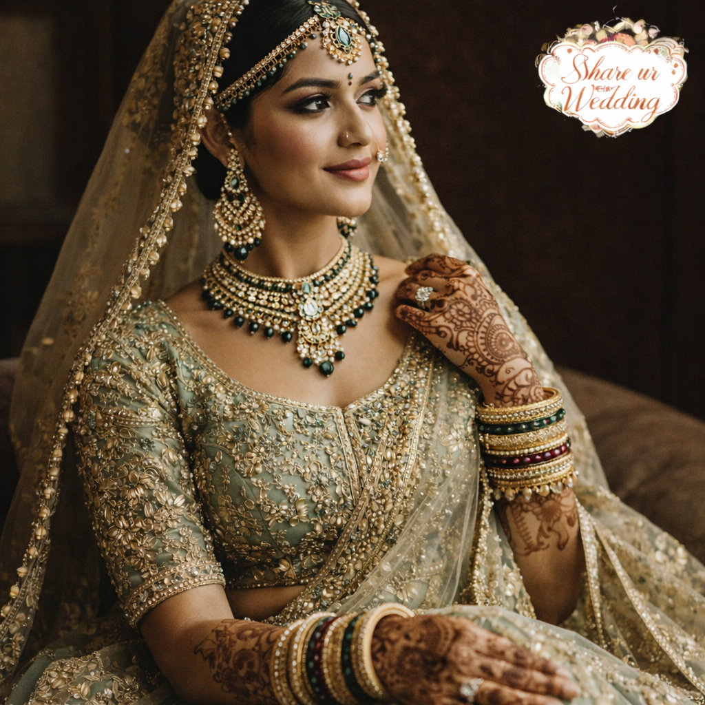Indian bride sitting relaxed portrait with traditional lehenga, bridal jewellery, and mehndi hands