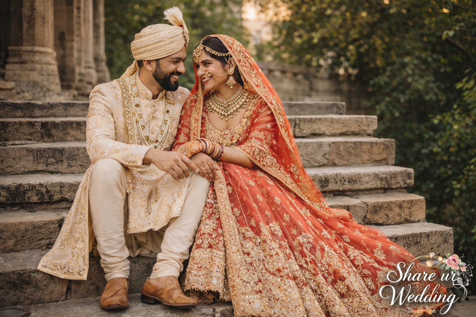 Indian pre wedding couple sitting on steps together smiling in traditional attire romantic candid pose