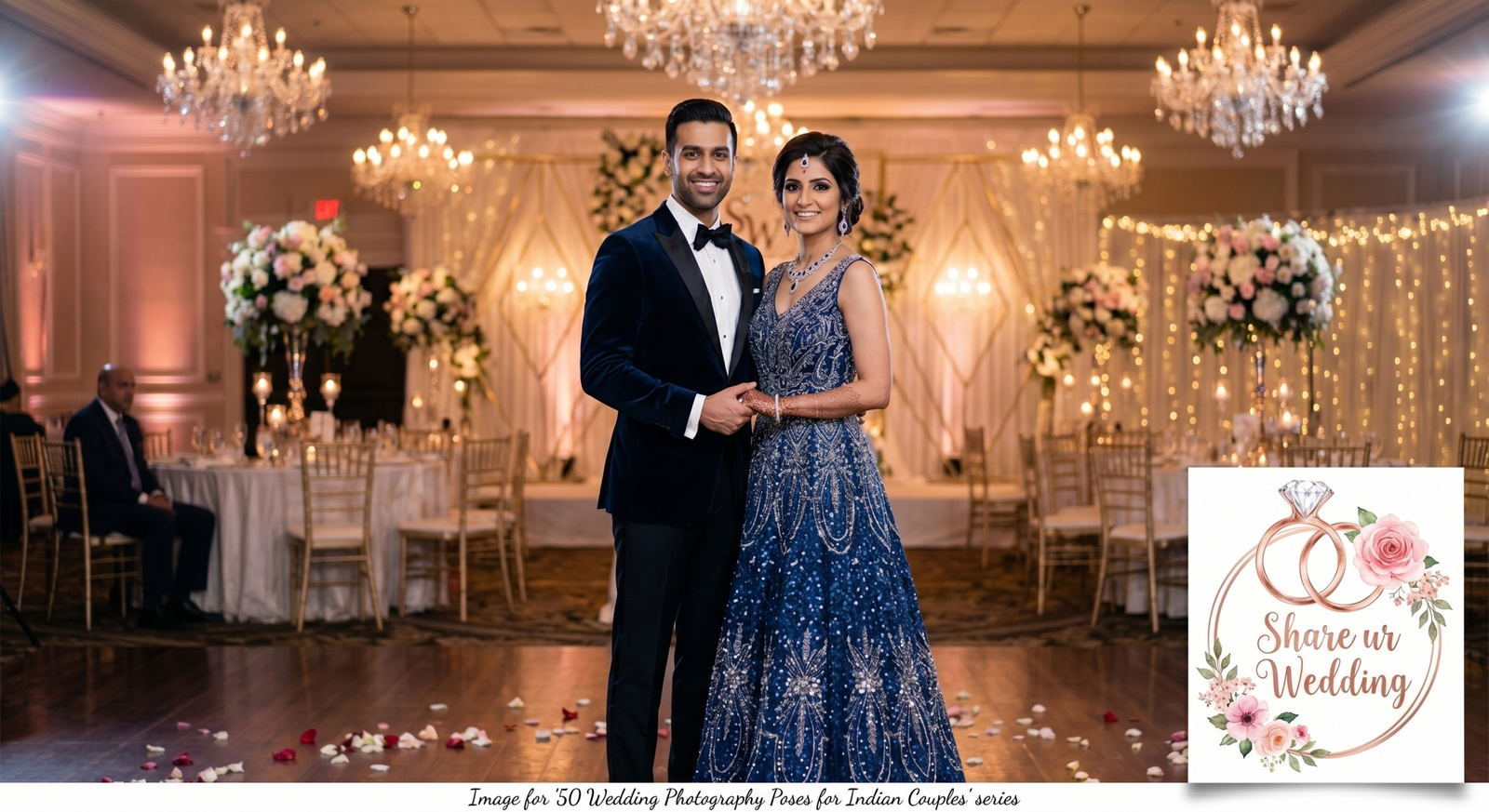 A formal, intimate, medium-close-up portrait of the same contemporary Indian couple in modern reception outfits—a tailored midnight-blue velvet suit and a heavily embellished sapphire-blue gown with a modern updo—standing confidently in a grand, warmly lit ballroom with custom decor and crystal chandeliers at night. Features the "Share ur Wedding" logo badge.