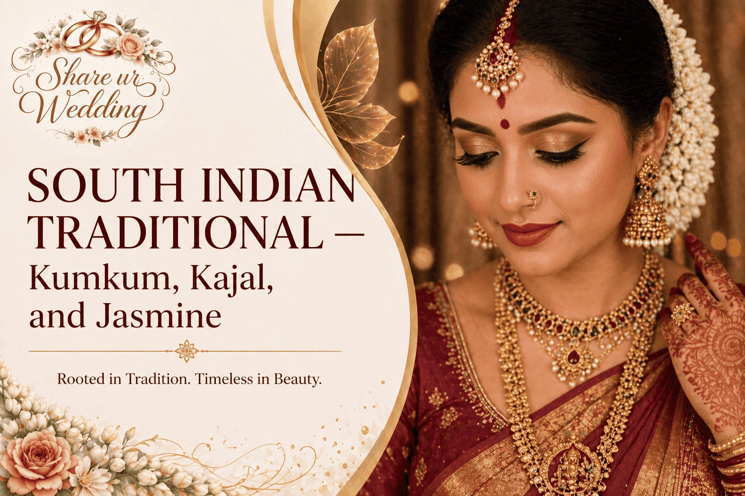 South Indian bridal makeup with kumkum bindi, bold kajal eyes, jasmine flowers and traditional temple jewellery