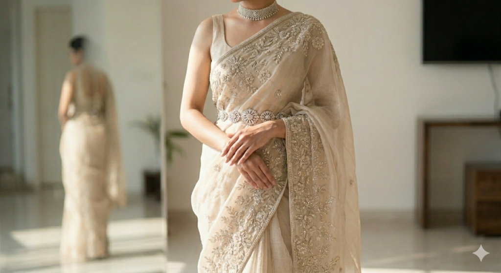 Standing bride wearing her mother’s restored deep crimson vintage Kanjivaram silk saree, modified for contemporary structure with an intricate diamond cluster waist cincher, paired with a modern off-white organza heavily embroidered blouse, in a sunlit modern interior.