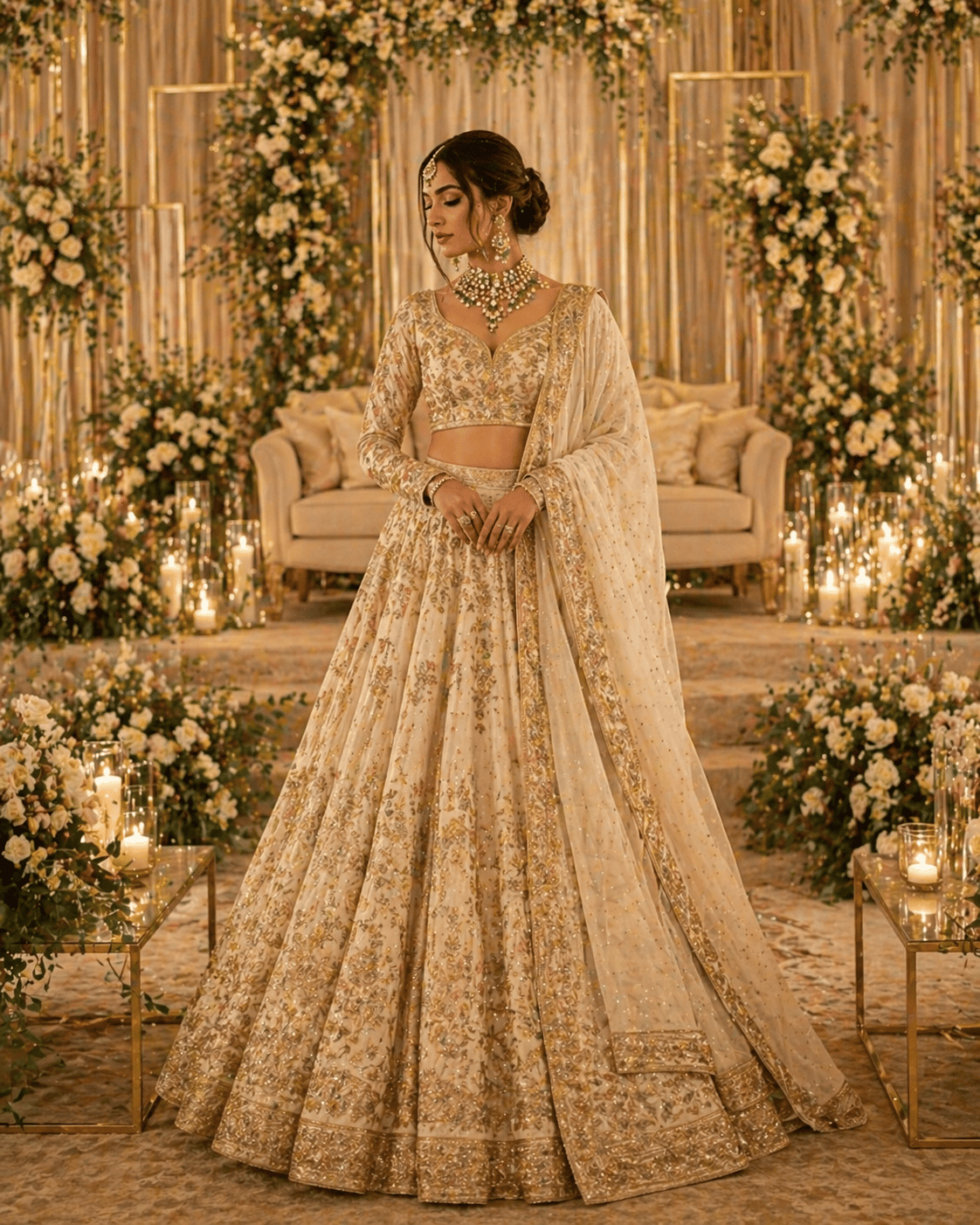 structured bridal lehenga with modern silhouette, intricate embroidery, and elegant design for Indian wedding bride 2026