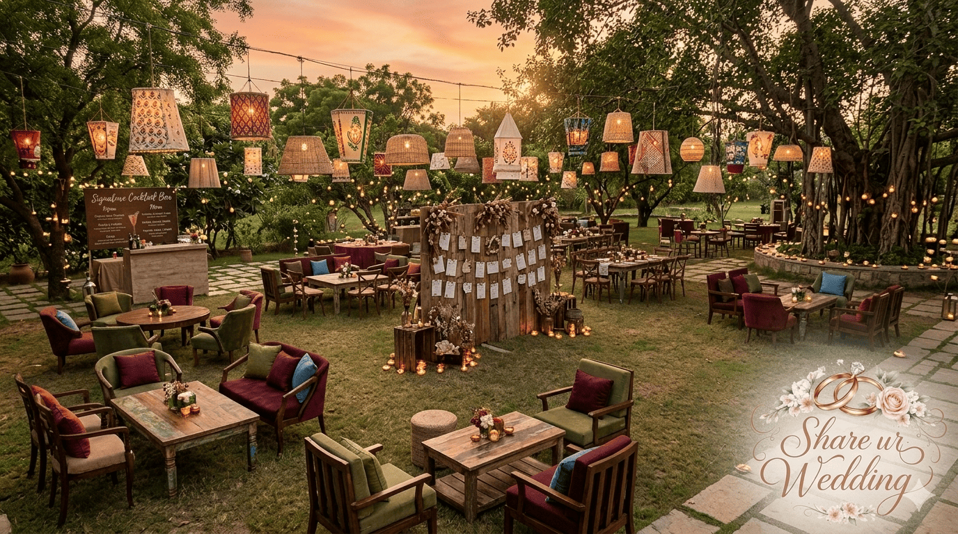 An intimate eco-friendly garden wedding reception lounge in India featuring thousands of customized fabric lanterns made from recycled materials, reclaimed wood furniture, and ambient low-energy lighting under a warm golden sunset glow.