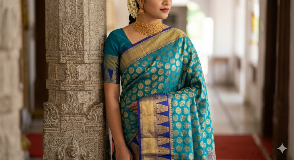 Standing South Indian bride wearing a heavy teal blue Kanchipuram silk saree with dense gold peacock (Mayil) and chakra motifs.