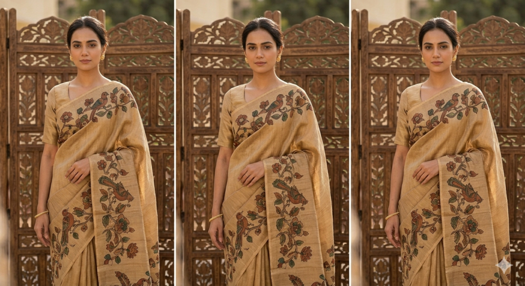 Standing bride wearing an authentic textured deep gold-beige Tussar silk saree from Chhattisgarh, featuring intricate hand-painted Kalamkari motifs of traditional birds and flowers in muted earth tones.
