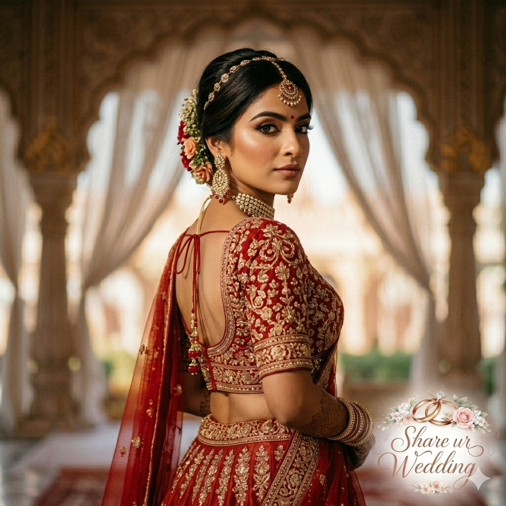 An elegant Indian bride looking over her shoulder toward the camera, wearing a heavily embroidered red blouse and intricate gold jewelry, with a soft-focus palace backdrop.