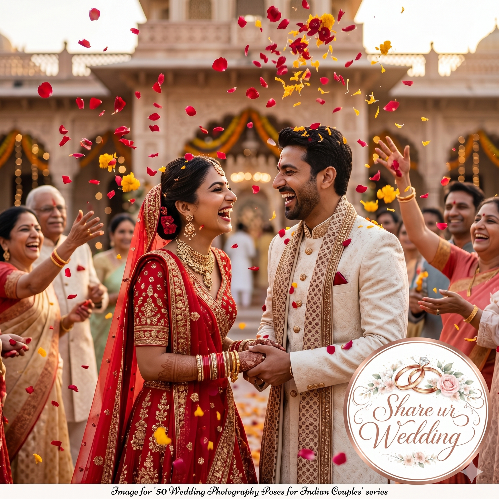 A candid, natural-looking photograph of a joyous Indian couple laughing warmly as family members shower them with vibrant red rose and yellow marigold petals during their wedding celebration, featuring the 'Share ur Wedding' logo in the corner.