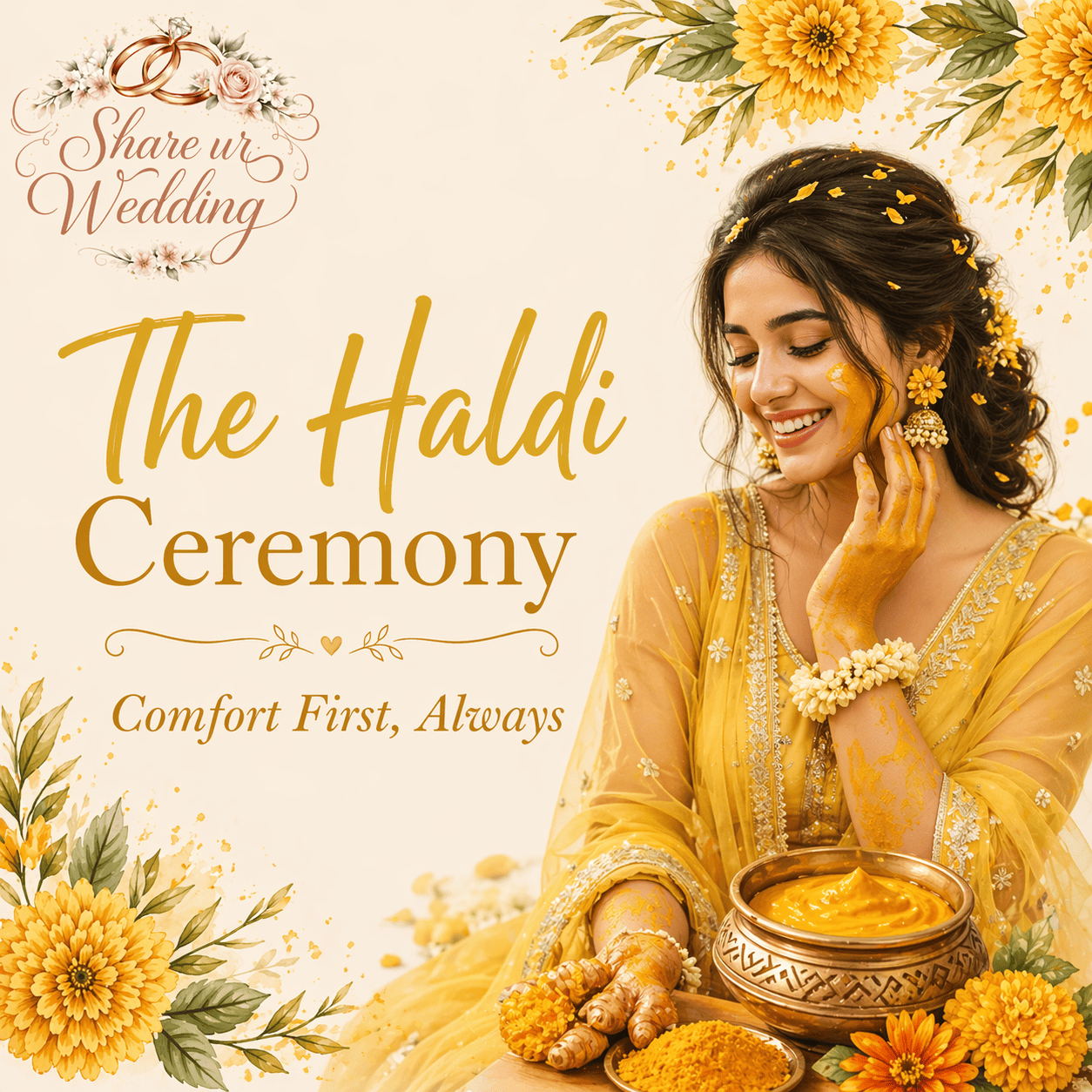 Beautiful Indian bride during Haldi ceremony wearing yellow outfit with turmeric applied on face, surrounded by marigold flowers and traditional decor