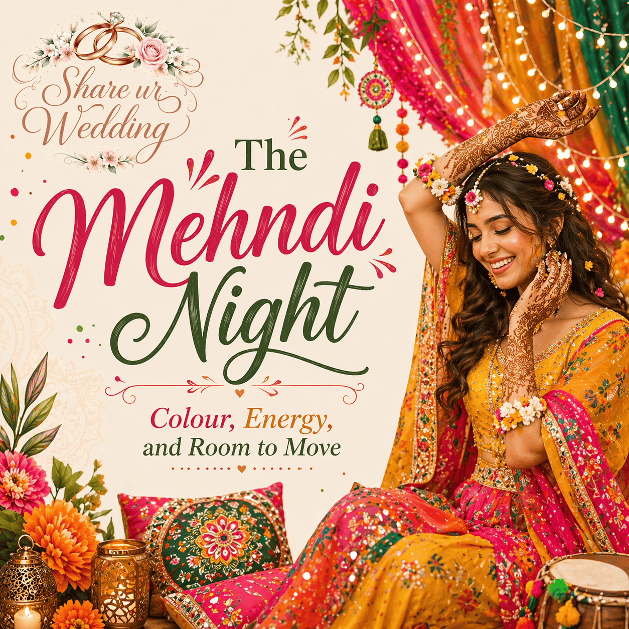 Beautiful Indian bride at Mehndi night with intricate henna designs on hands, wearing colorful lehenga surrounded by vibrant decor, lights, and floral elements