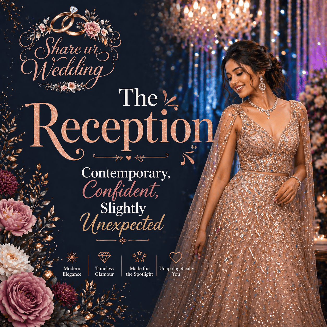 Modern Indian bride at wedding reception wearing glamorous gown with elegant lighting, floral decor, and luxury stage ambiance